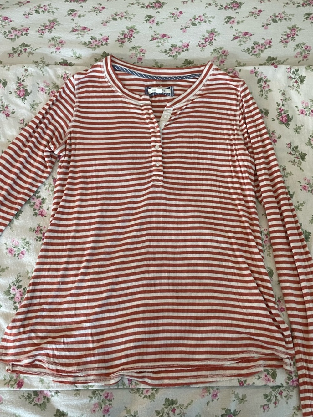 Anthropology Striped Long Sleeve Henley Tee - Rust & White